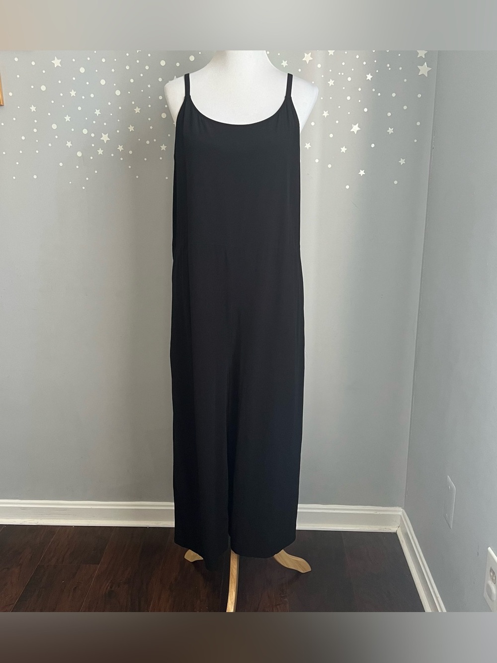 Eileen Fisher Black Cami Wide Leg Cropped Jumpsuit Tencel Lagenlook L